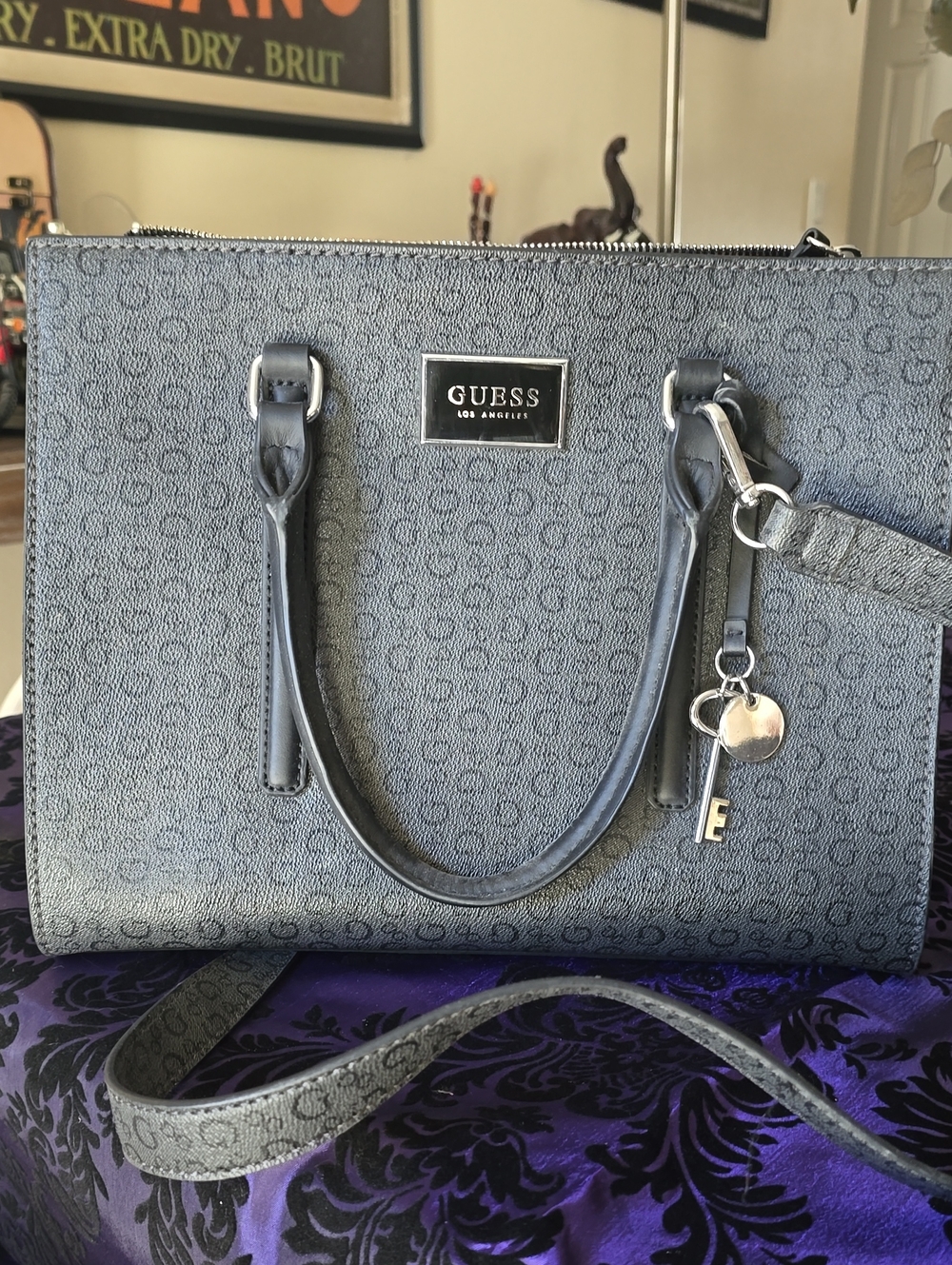 GUESS Gray Logo Satchel with Silver Hardware